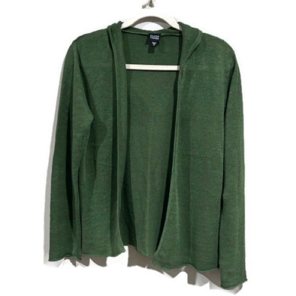 Eileen Fisher 100% Linen Open Front Green Sweater with Hoodie Size Medium - Picture 5 of 5